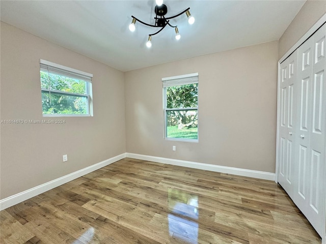 unfurnished bedroom with multiple windows, light wood-type flooring, and a closet