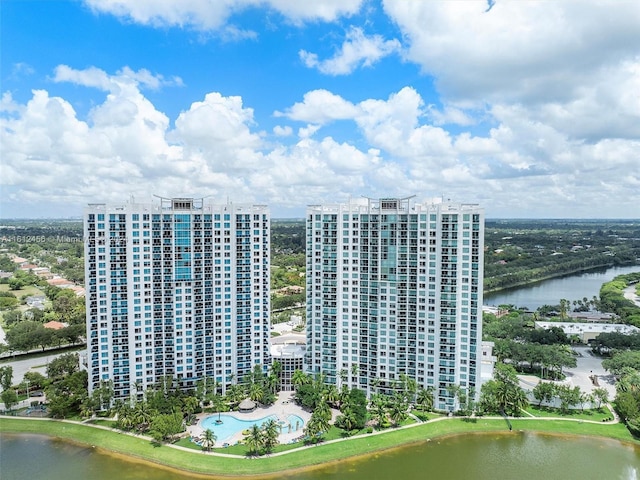 birds eye view of property featuring a water view