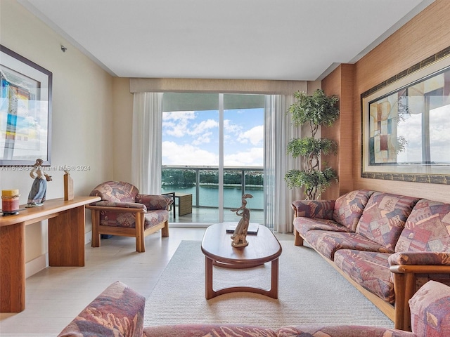 living room featuring a water view