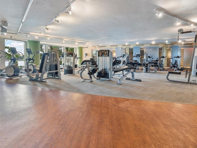 exercise room with light colored carpet and a textured ceiling