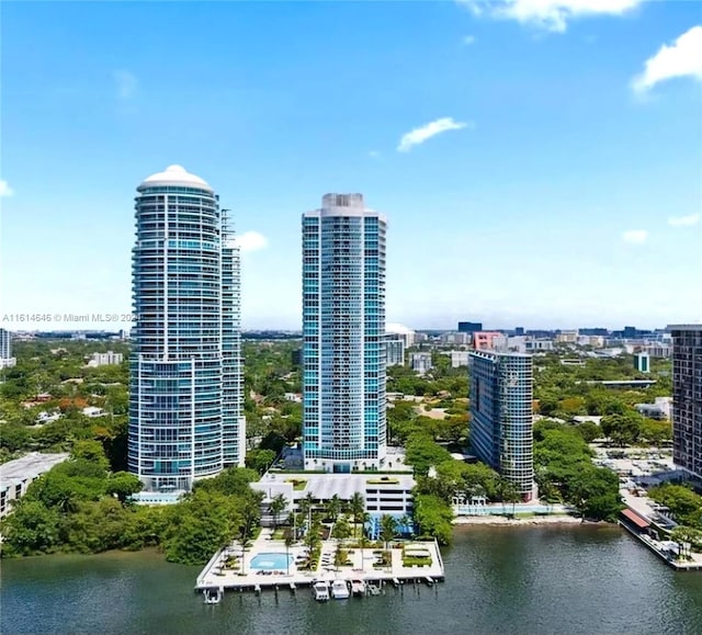 birds eye view of property featuring a water view