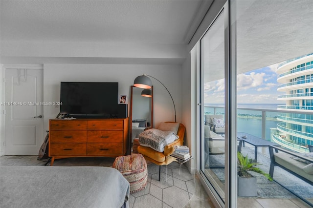 bedroom with access to outside and a textured ceiling