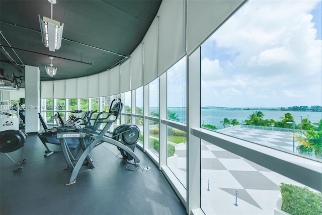 workout area with a water view