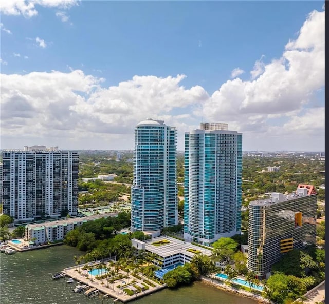 aerial view featuring a water view