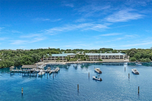 view of swimming pool featuring a water view and a boat dock