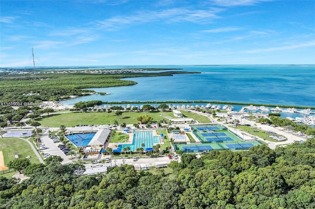 bird's eye view with a water view