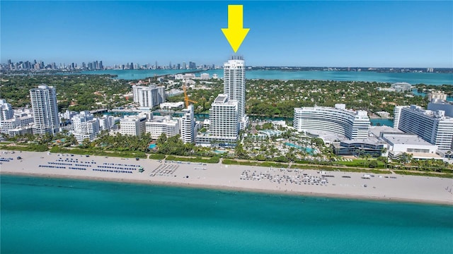 drone / aerial view with a water view and a view of the beach