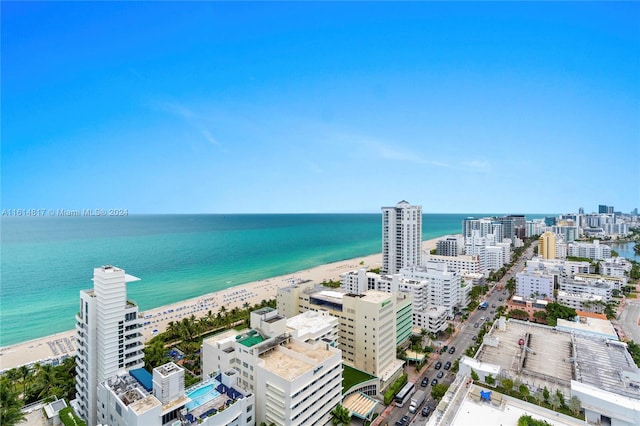 aerial view with a water view and a view of the beach