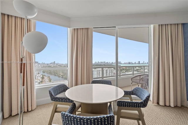 carpeted dining room with a water view and ornamental molding