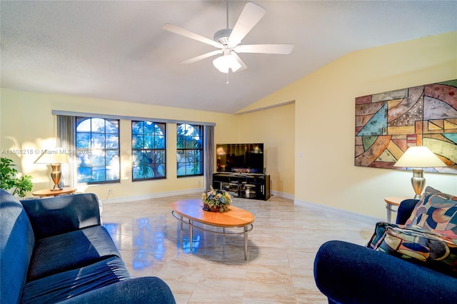 tiled living room with lofted ceiling and ceiling fan