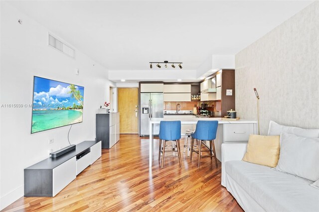 living room with sink, light hardwood / wood-style floors, and rail lighting