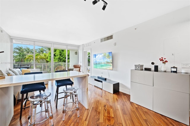 interior space featuring light hardwood / wood-style floors and a wall of windows