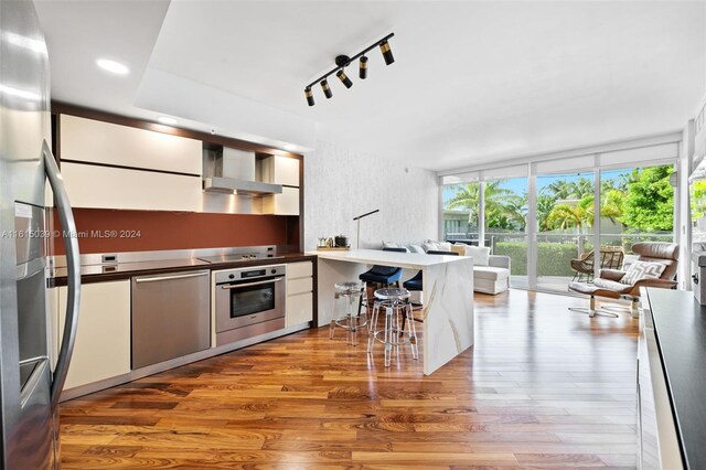 kitchen featuring light hardwood / wood-style floors, rail lighting, wall chimney exhaust hood, white cabinetry, and appliances with stainless steel finishes