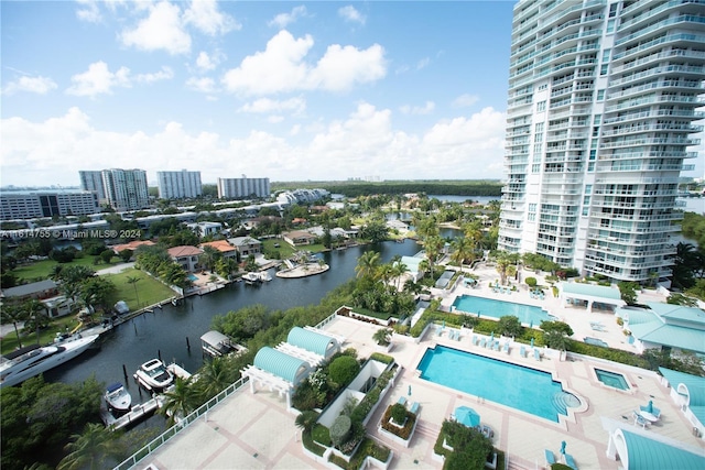 aerial view featuring a water view