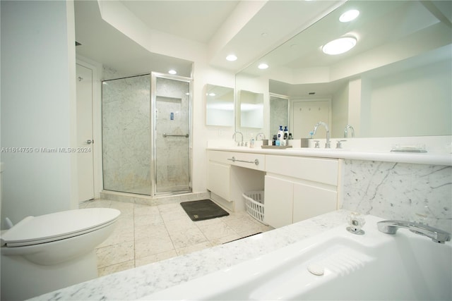 bathroom with a tray ceiling, an enclosed shower, vanity, and toilet