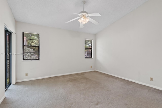 carpeted spare room featuring a textured ceiling, plenty of natural light, and ceiling fan