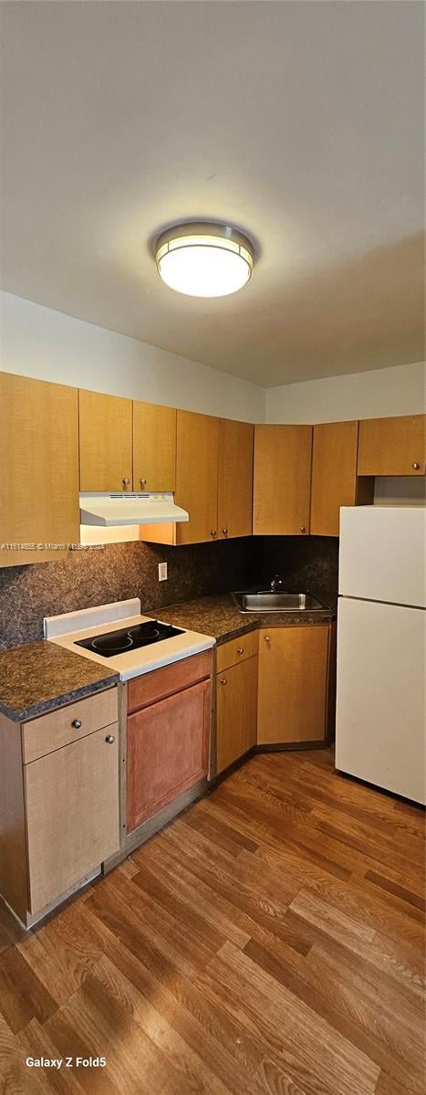 kitchen featuring white fridge, sink, and dark hardwood / wood-style floors