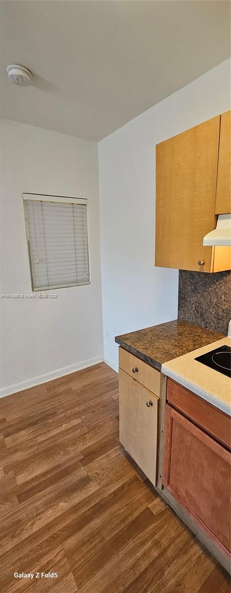 kitchen featuring backsplash, extractor fan, and dark hardwood / wood-style floors