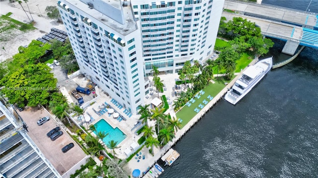 birds eye view of property featuring a water view