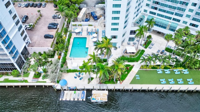 drone / aerial view with a water view