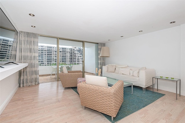 living room featuring expansive windows and light hardwood / wood-style flooring