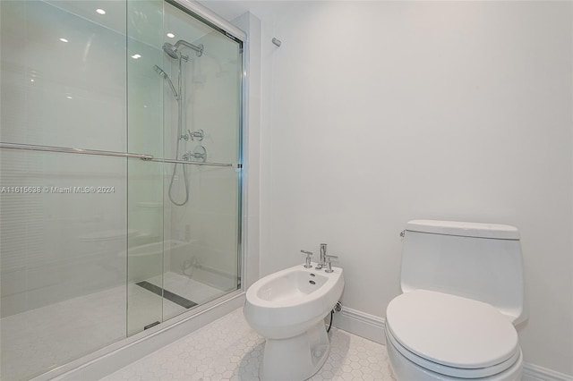 bathroom featuring a bidet, toilet, tile patterned floors, and an enclosed shower