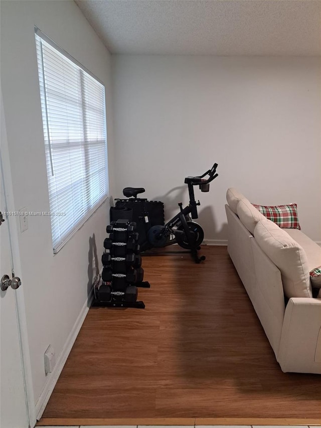 workout area with hardwood / wood-style floors and a textured ceiling