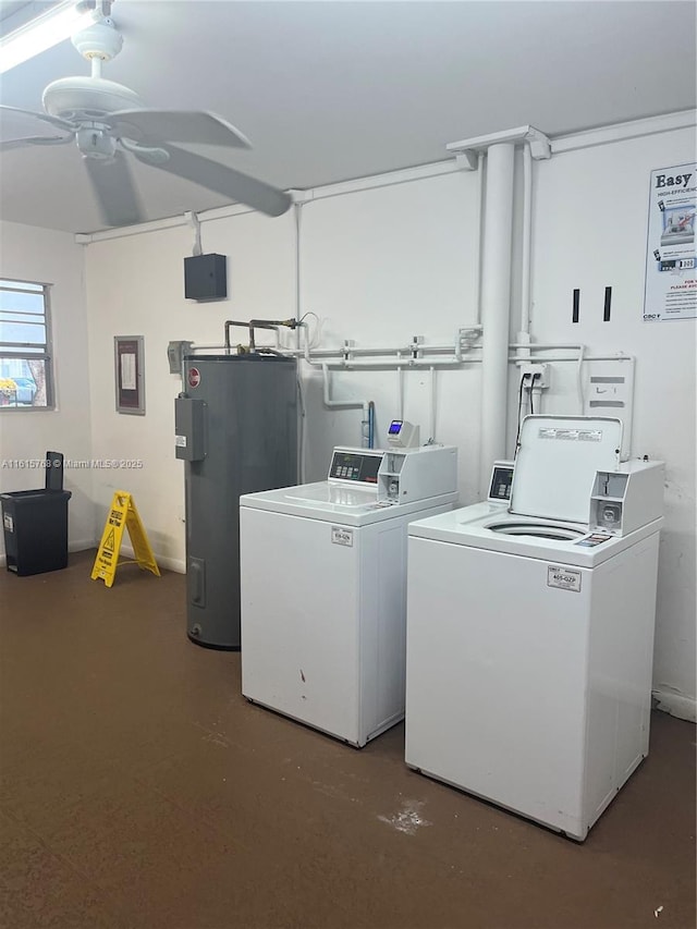 clothes washing area with washer and clothes dryer, electric water heater, and ceiling fan