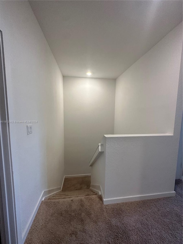 staircase featuring baseboards and carpet floors