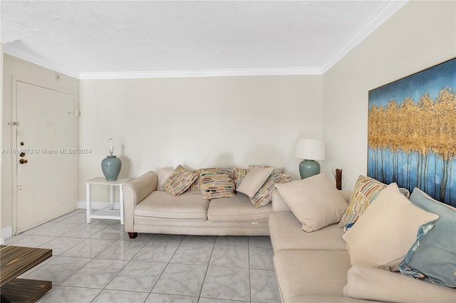 living room featuring light tile patterned floors and crown molding