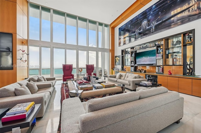 living room with a towering ceiling