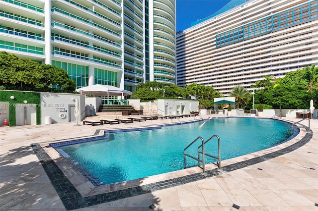 view of swimming pool featuring a patio area