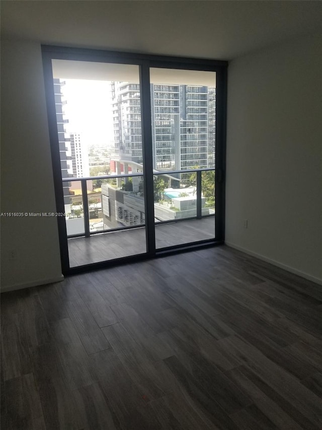 spare room featuring a wall of windows and dark hardwood / wood-style floors