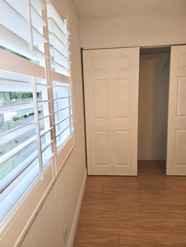 interior space featuring wood-type flooring and a closet