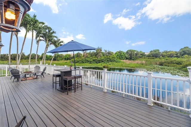 wooden deck with a water view