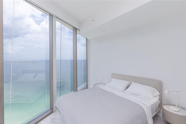 bedroom featuring a water view