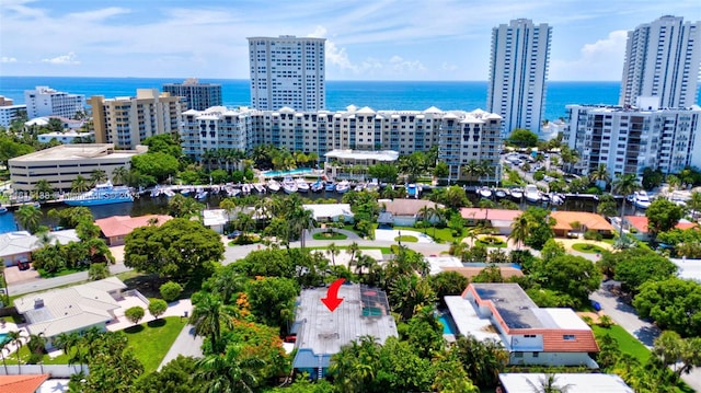 drone / aerial view with a water view