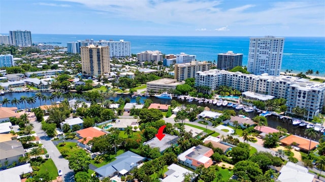 drone / aerial view featuring a water view