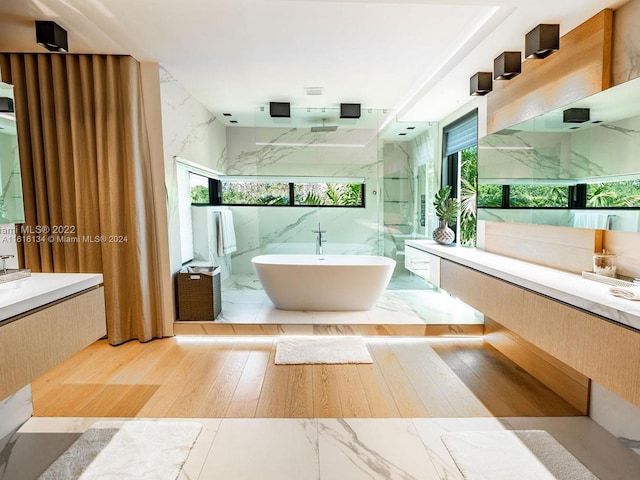 bathroom featuring vanity, wood-type flooring, and independent shower and bath