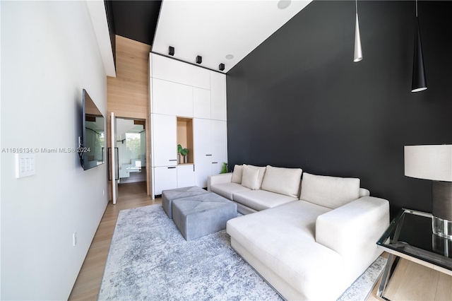 living room with a high ceiling and light wood-type flooring