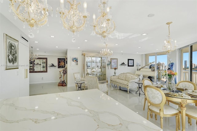 bedroom featuring a notable chandelier and recessed lighting