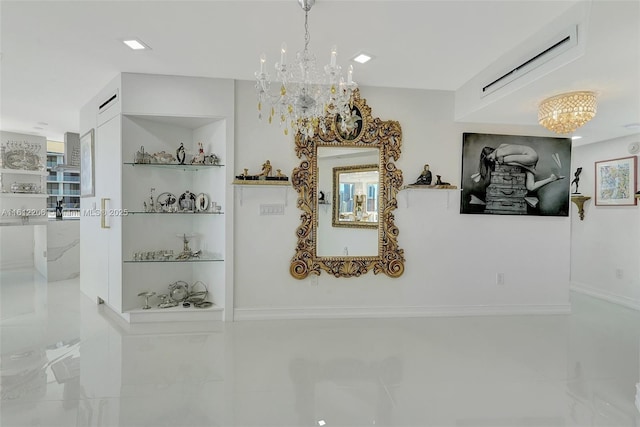 dining room with built in features and a notable chandelier