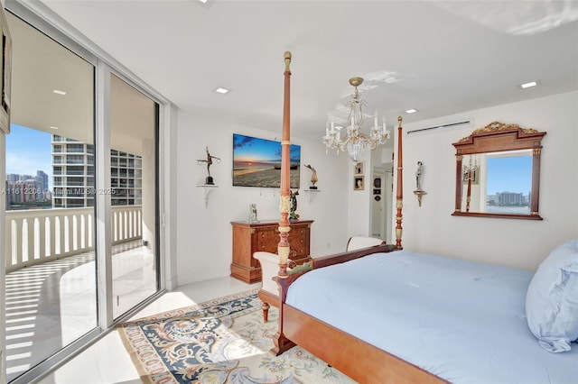 bedroom featuring light tile patterned floors, an inviting chandelier, access to outside, a wall of windows, and a city view