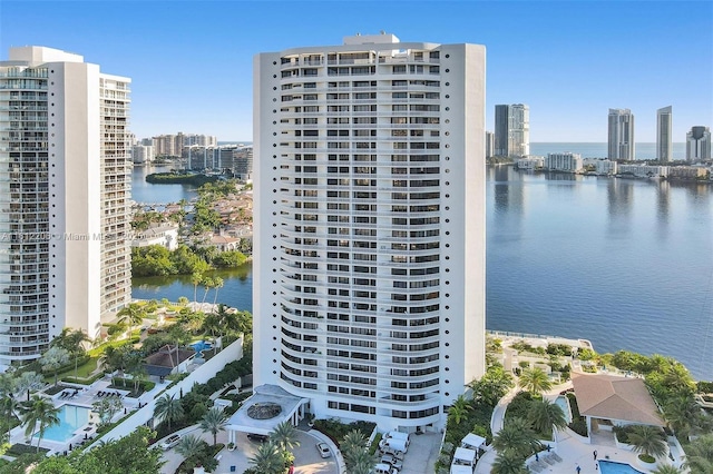 aerial view with a view of city and a water view