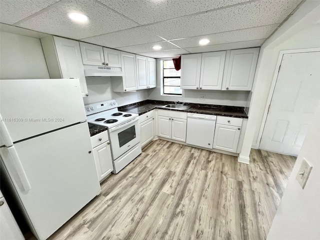 kitchen with light hardwood / wood-style floors, custom range hood, sink, white cabinetry, and white appliances