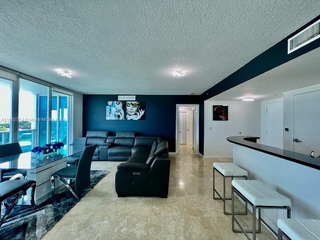 living room featuring a textured ceiling