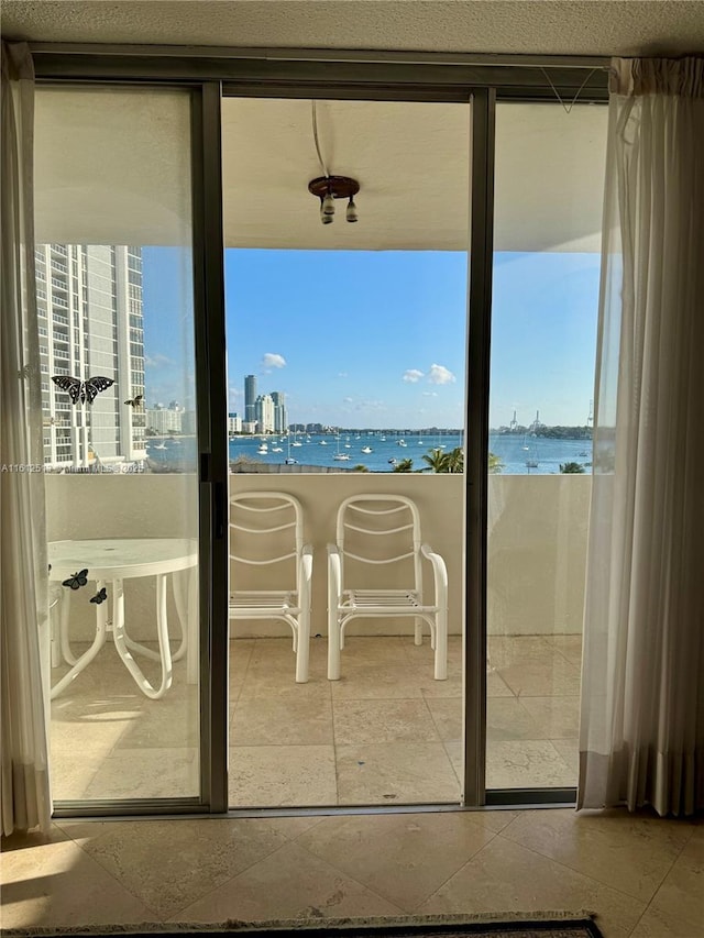 doorway featuring plenty of natural light and a water view