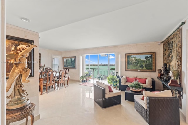 living room with tile patterned flooring