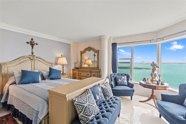 bedroom featuring a water view, tile patterned flooring, and crown molding