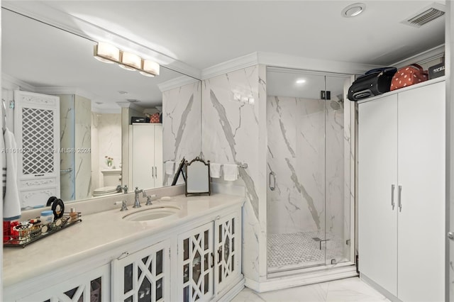 bathroom featuring vanity, a shower with shower door, crown molding, toilet, and tile patterned flooring